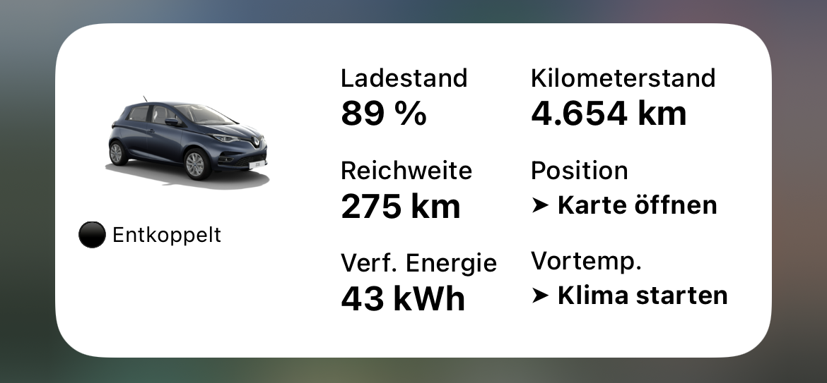 iOS-Widget für Renault Zoe zeigt Reichweite und Ladestand an